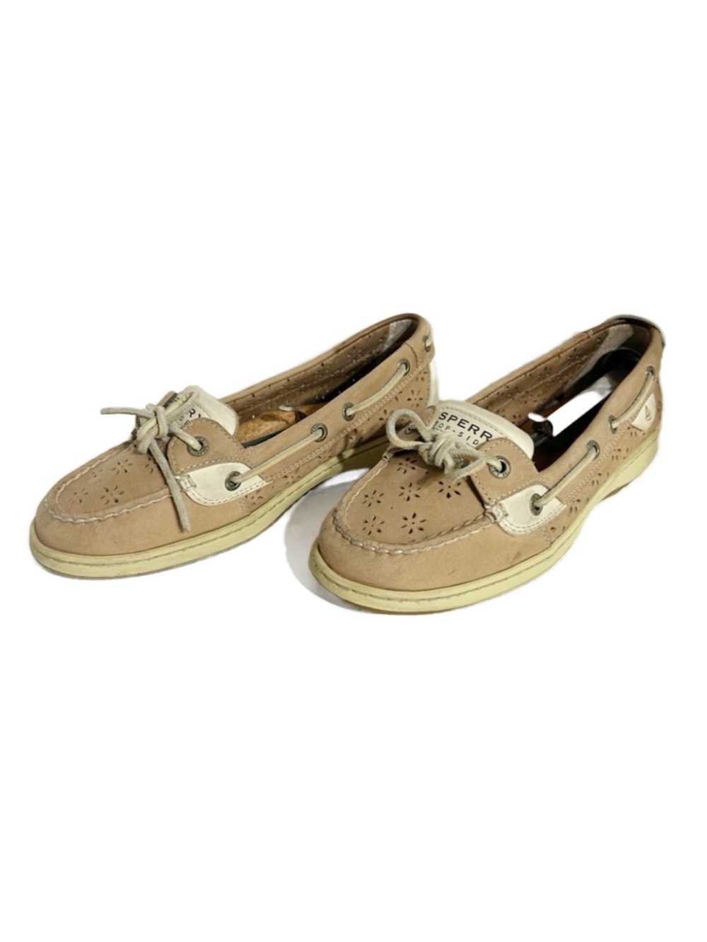 Sperry Leather Top Siders Boat Shoes Perforated Flower Design Slip On Cream Tan